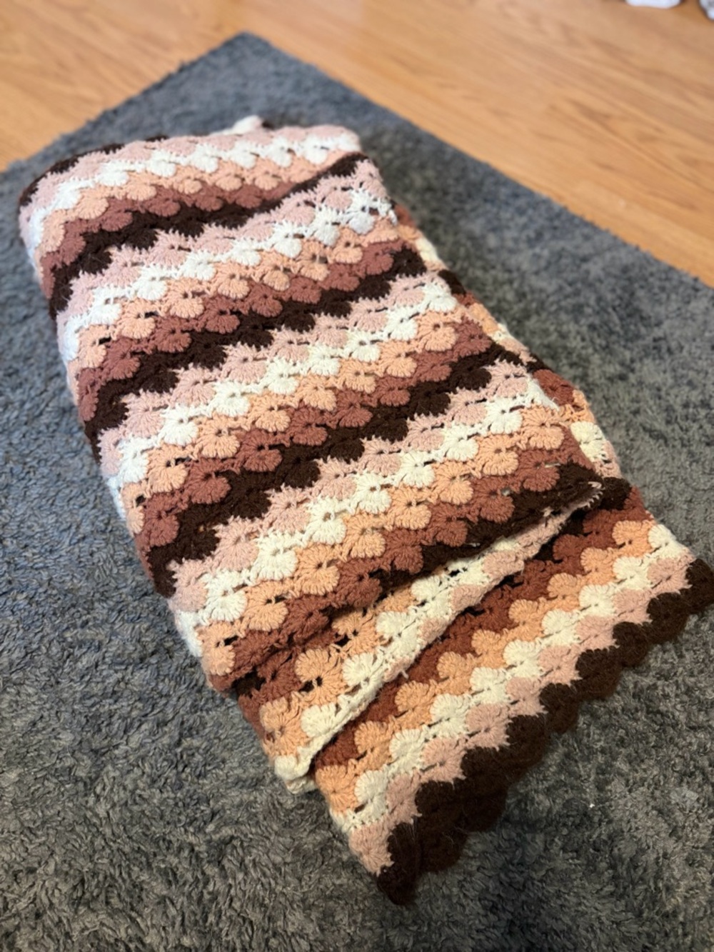 Handmade Crochet Blanket in Brown, Pink & Cream